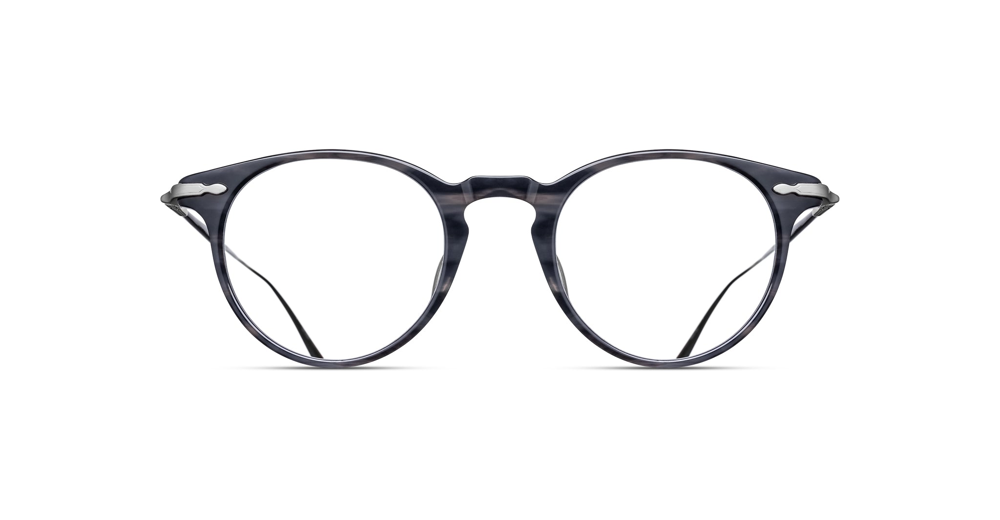 Matsuda M2056 eyeglasses, shown from the front angle, have round dark rims, a keyhole bridge, and slim metal arms.