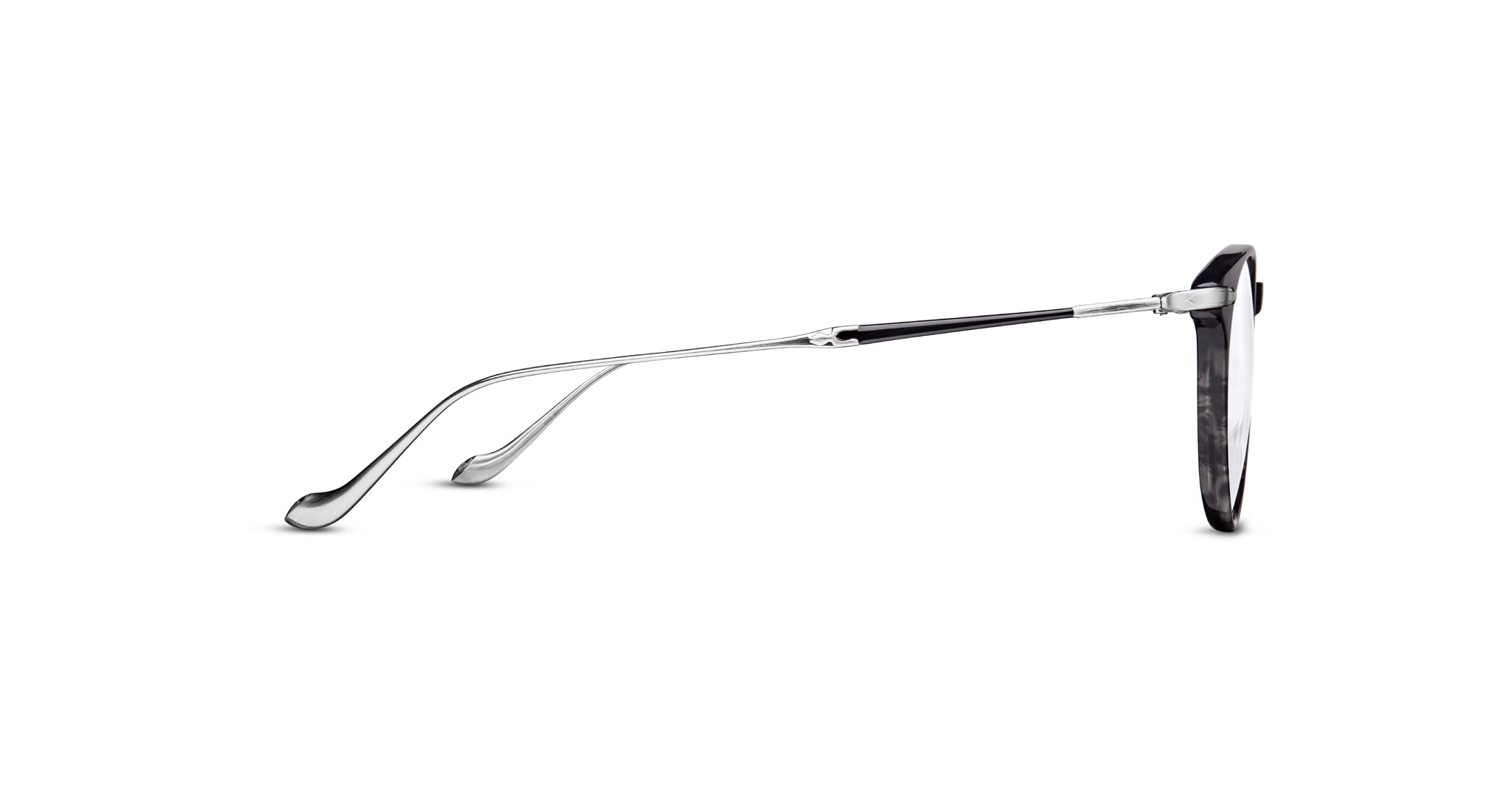 Matsuda M2056 eyeglasses with thin metal arms and dark rims, minimalist design, displayed from a side view.