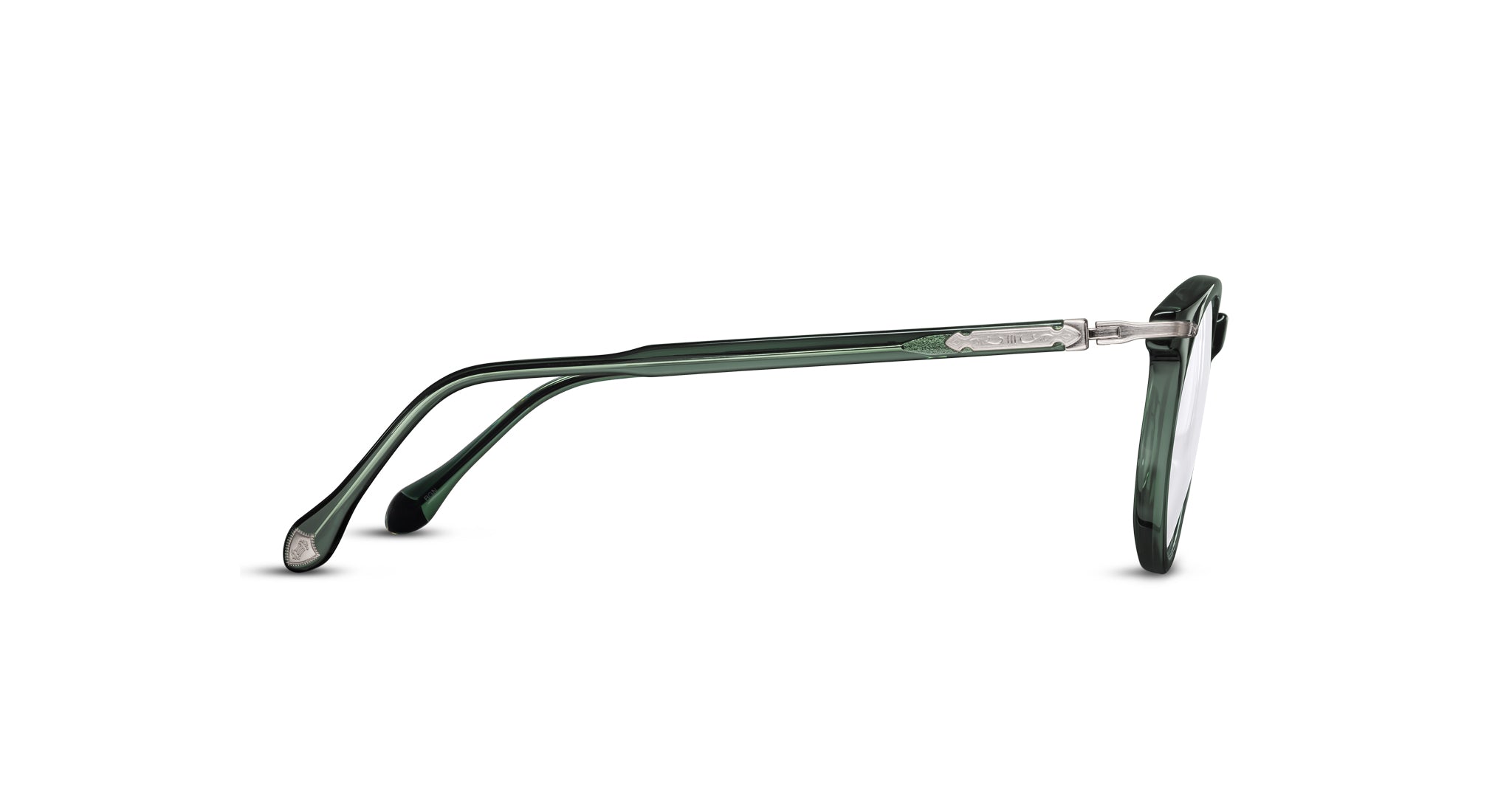 Side view of Matsuda M2058 eyeglasses featuring translucent dark green frames, clear lenses, and curved temples with visible hinge detail against a white background.