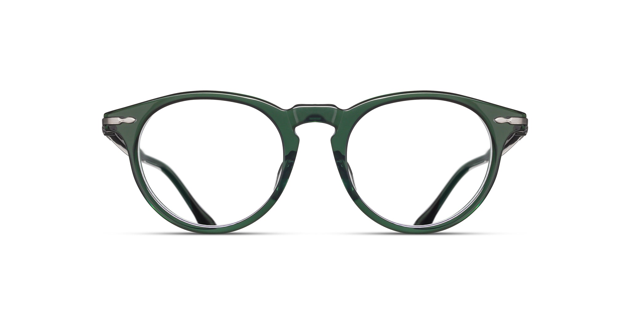 The Matsuda M2058 features dark green round eyeglasses with a keyhole bridge, shown from the front against a white background.