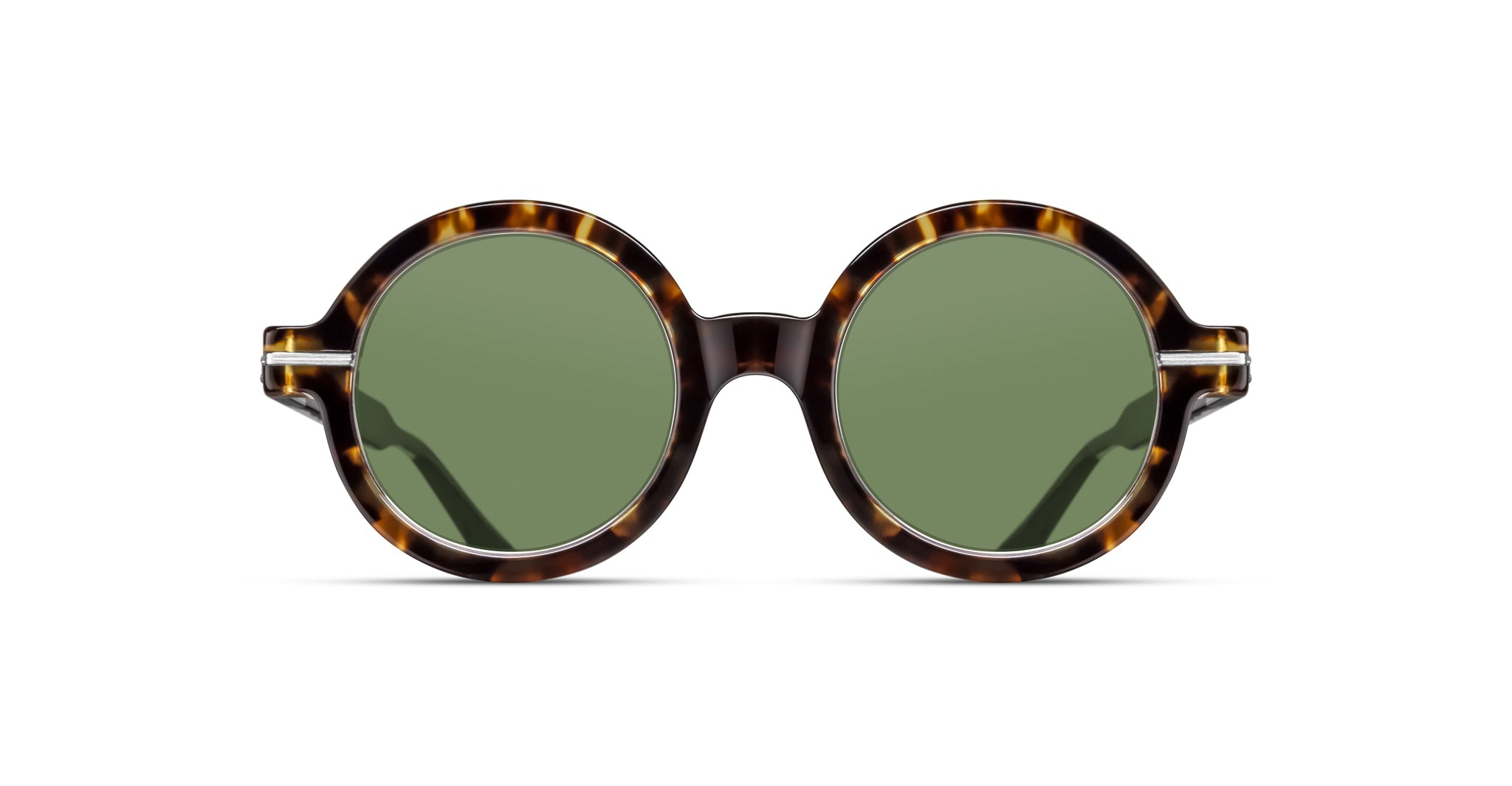 The Matsuda M2059 round sunglasses feature green lenses and a brown tortoiseshell frame, displayed on a white background with a front-facing view.