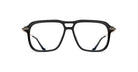 Black, oversized, rectangular eyeglasses with a thick frame and gold detailing on the hinges, shown from the front against a white background.
