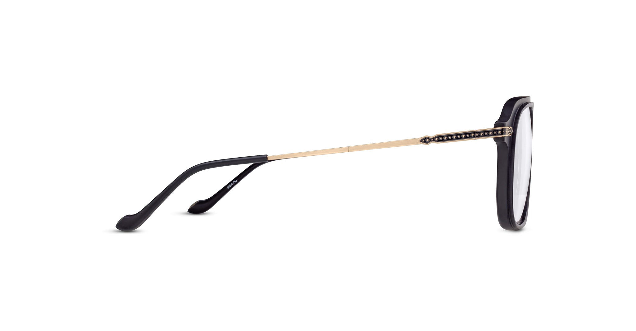 Side view of Matsuda M2062 eyeglasses with black round frames, thin gold arms, decorative accents by the hinges, clear lenses, and curved black temple tips.