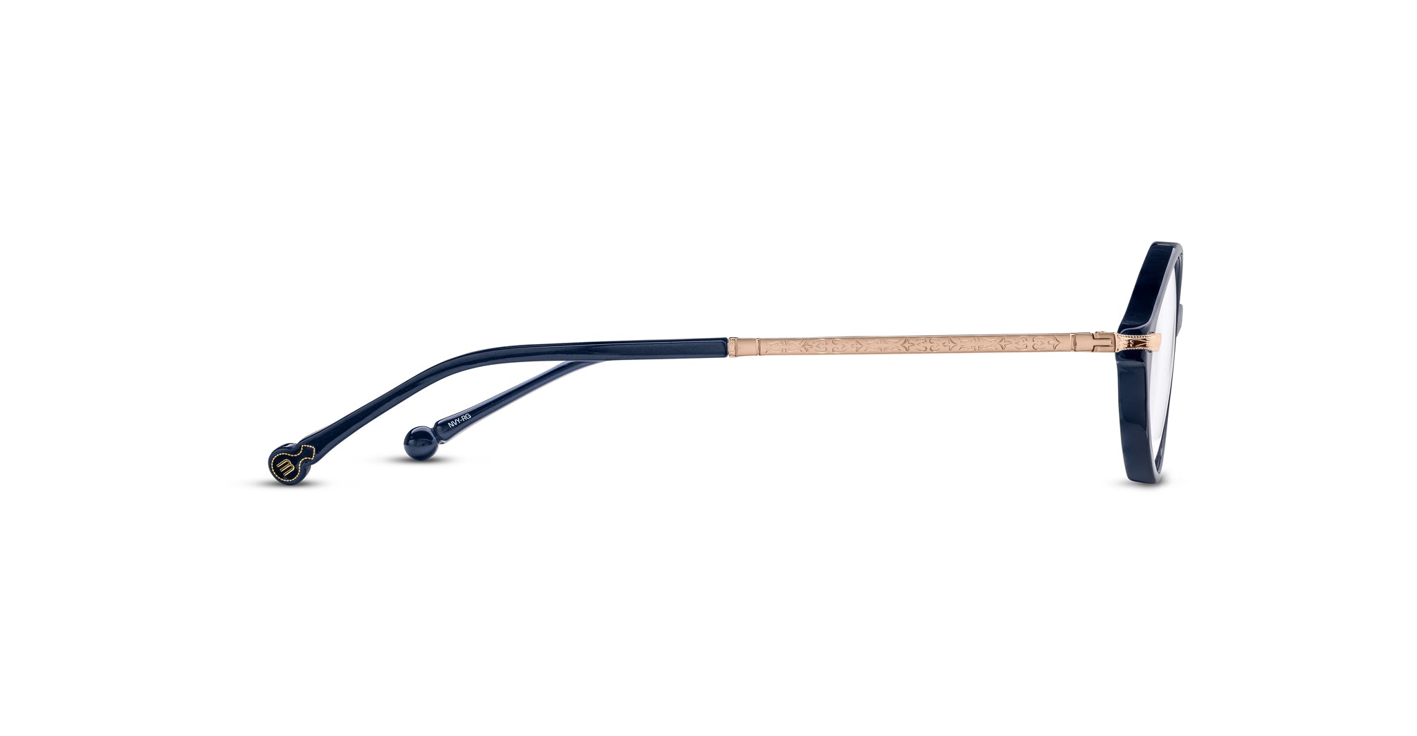 Side view of Matsuda M2066 eyeglasses with dark blue frames, gold-tone metal temples with an engraved pattern, and clear lenses, set against a white background.