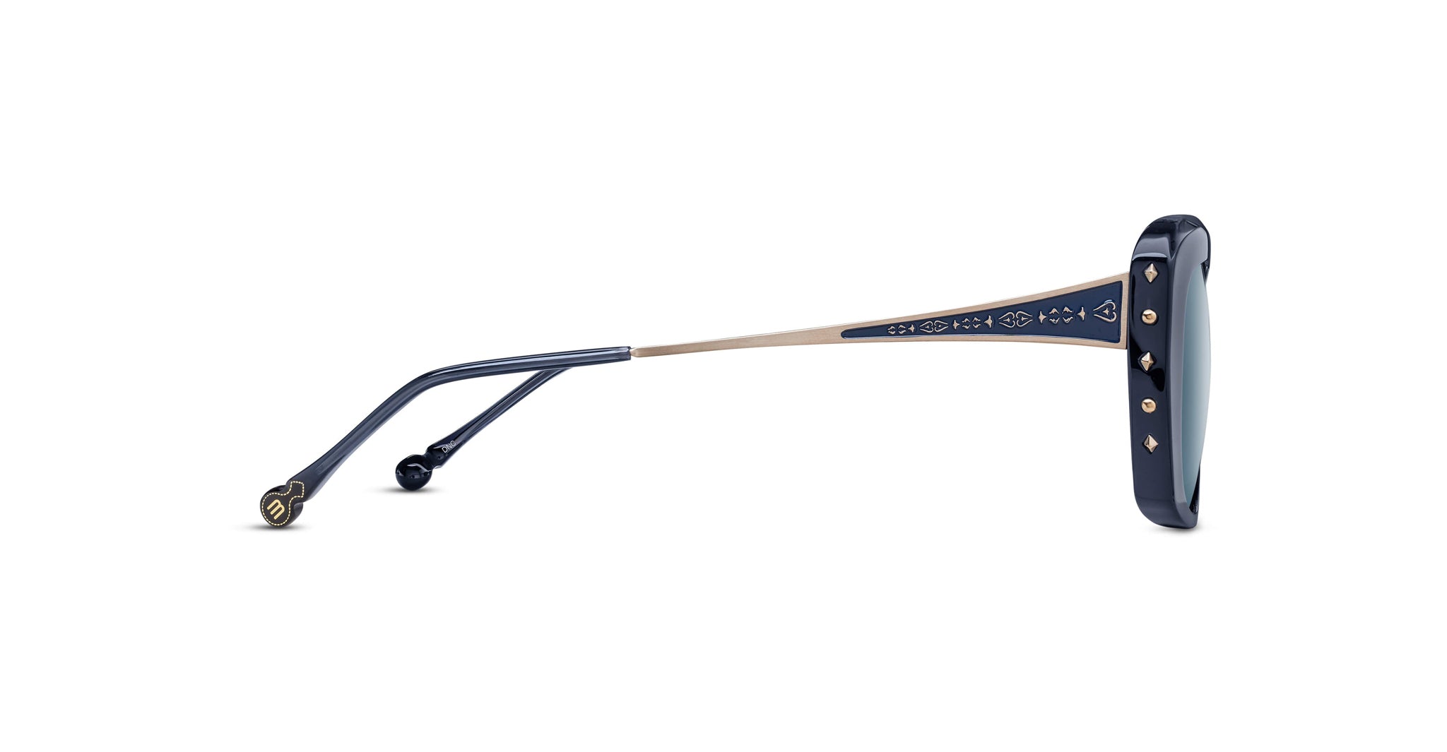 Side view of Matsuda sunglass model M2070 in dark navy crystal with blue grey lenses
