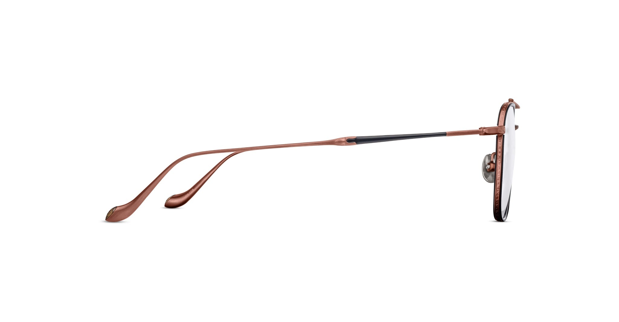 Side view of Matsuda M3077 eyeglasses with a thin, metallic rose gold frame, round lenses, black accents near the temples, and adjustable nose pads.