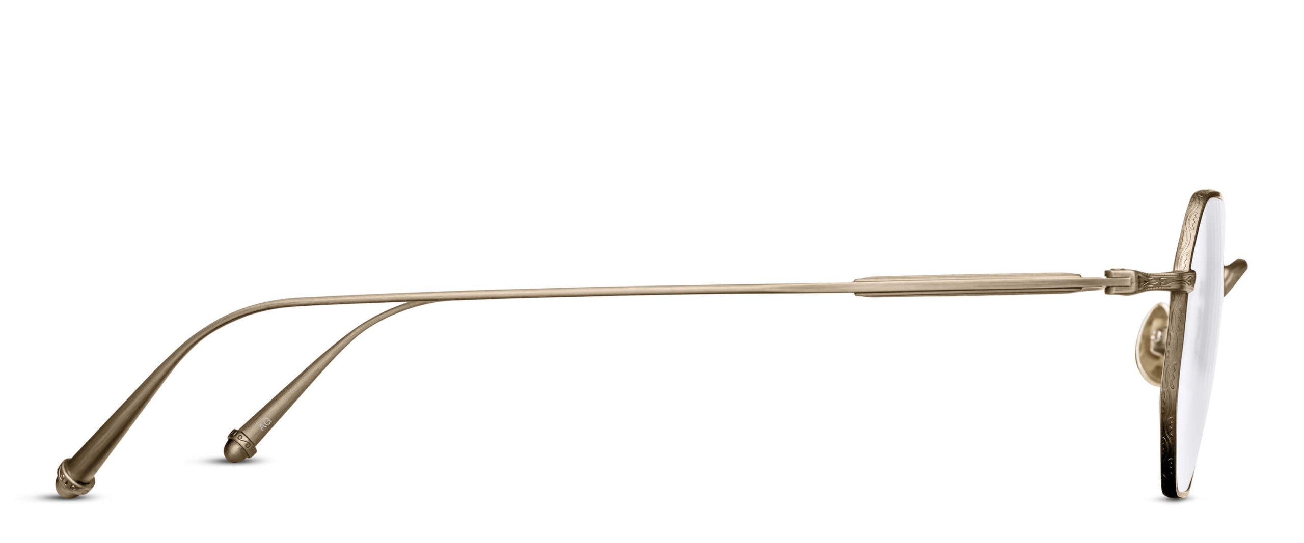 Side view of Matsuda M3086 gold round metal eyeglasses with clear lenses and curved arms, Matsuda branding visible.