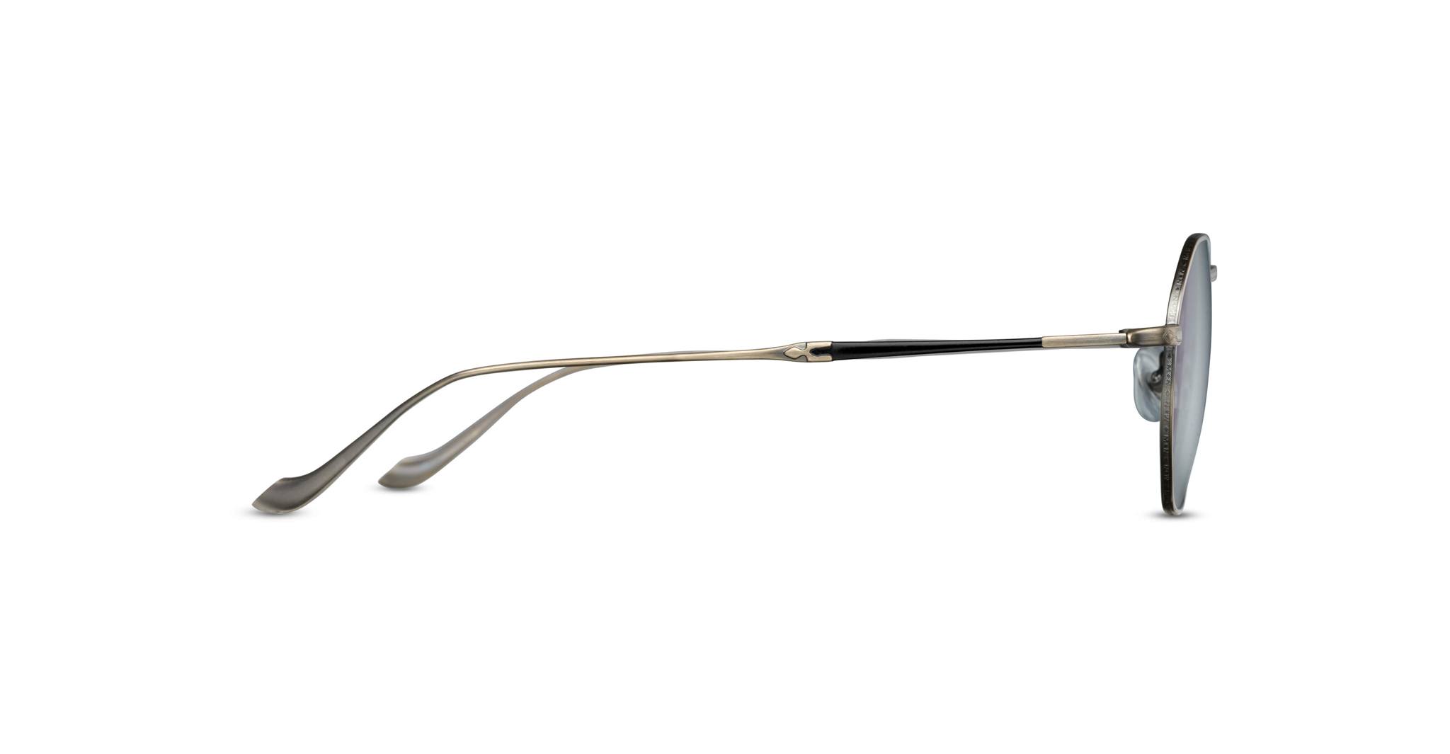 Side view of Matsuda M3057 sunglasses with thin metallic arms, clear nose pads, and round lenses, photographed on a plain white background.