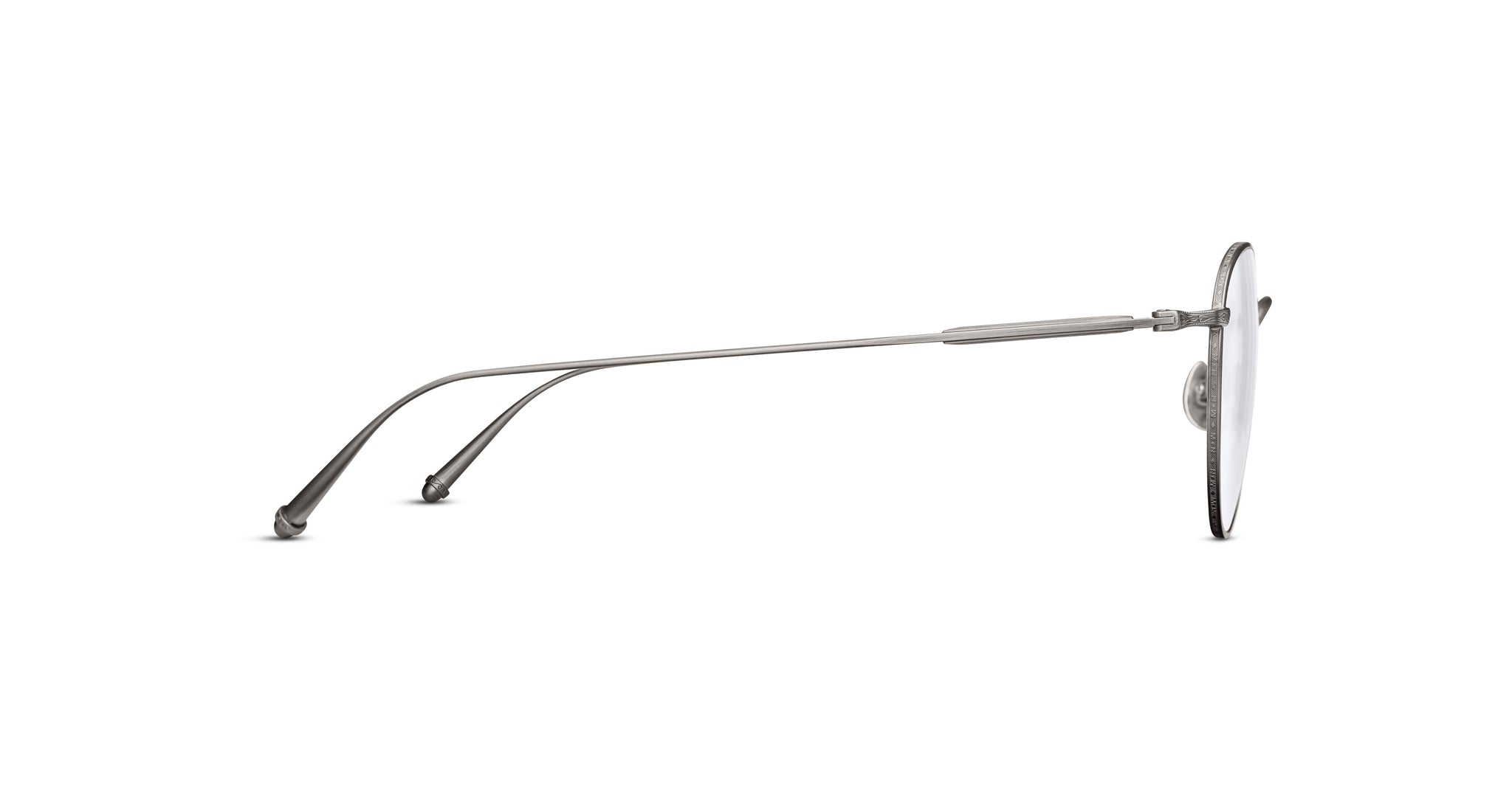 Side view of Matsuda M3085 eyeglasses featuring metal frames, thin silver temples, clear nose pads, and round lenses, set against a white background.