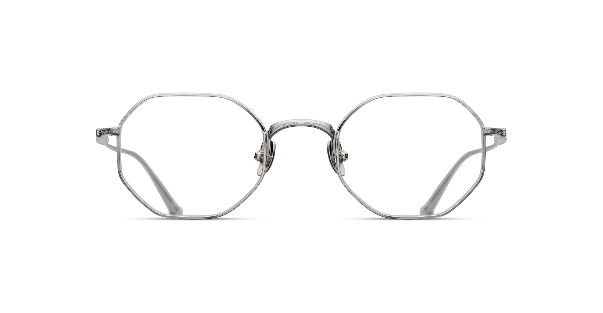 Matsuda M3086 eyeglasses with geometric silver octagonal frames, shown from the front.