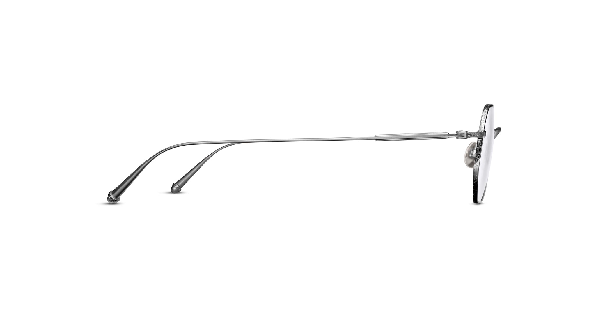 Side view of Matsuda M3086 silver rectangle eyeglasses with clear lenses and black-tipped arms.