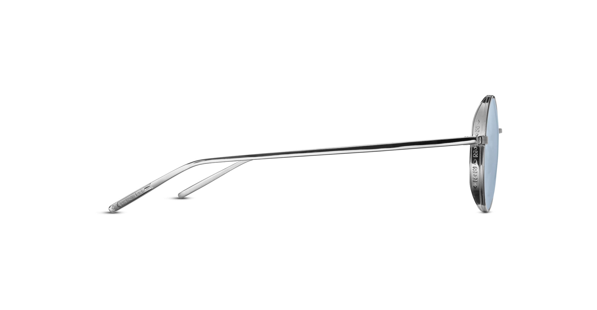 Side view of Matsuda M3087 silver metal sunglasses with thin arms and round blue-tinted lenses, displayed against a white background.