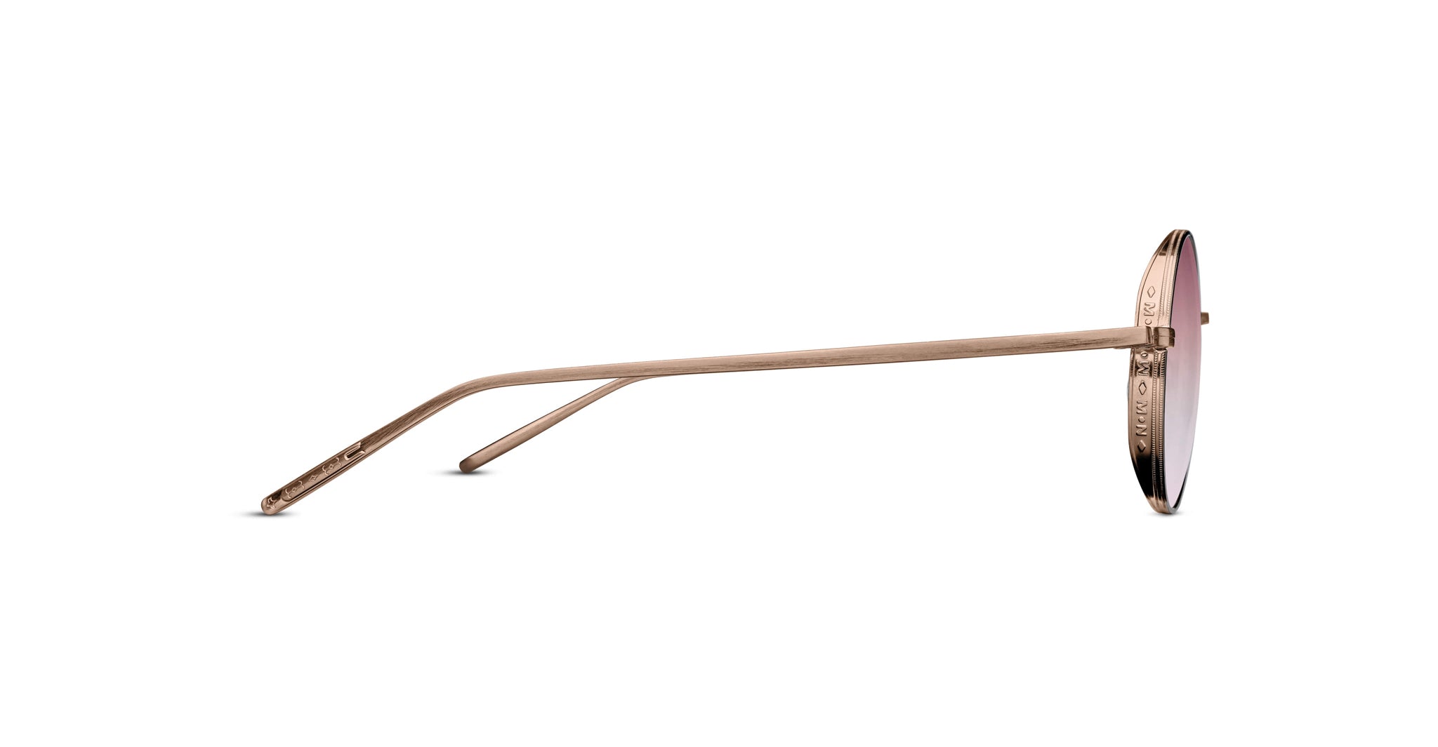 A side view of the Matsuda M3087 round sunglasses with thin gold metal frames and pink-tinted lenses, photographed against a white background.