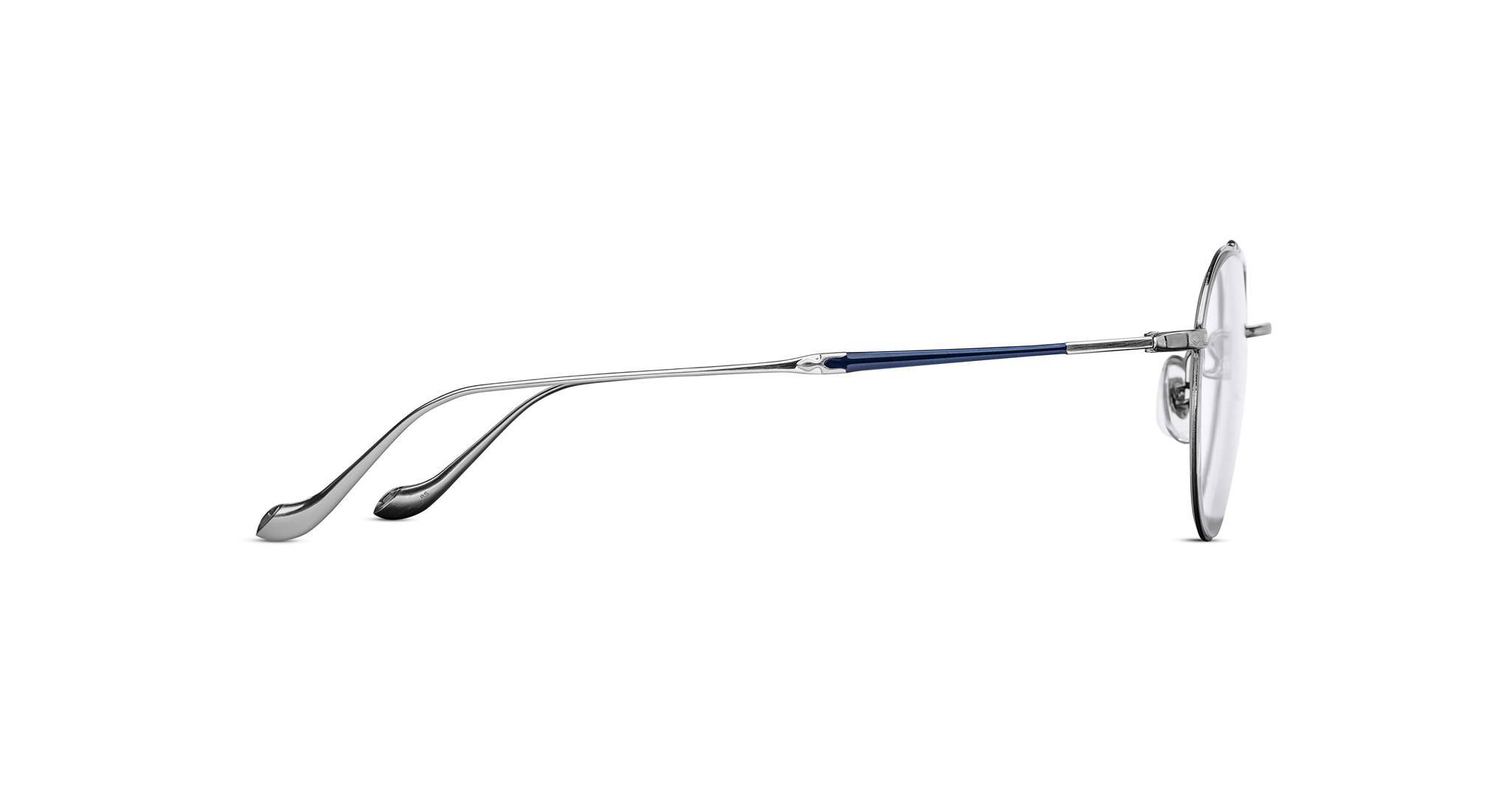 A side view of Matsuda M3089 silver metal eyeglasses with thin frames, blue-accented arms, and clear nose pads displayed against a white background.