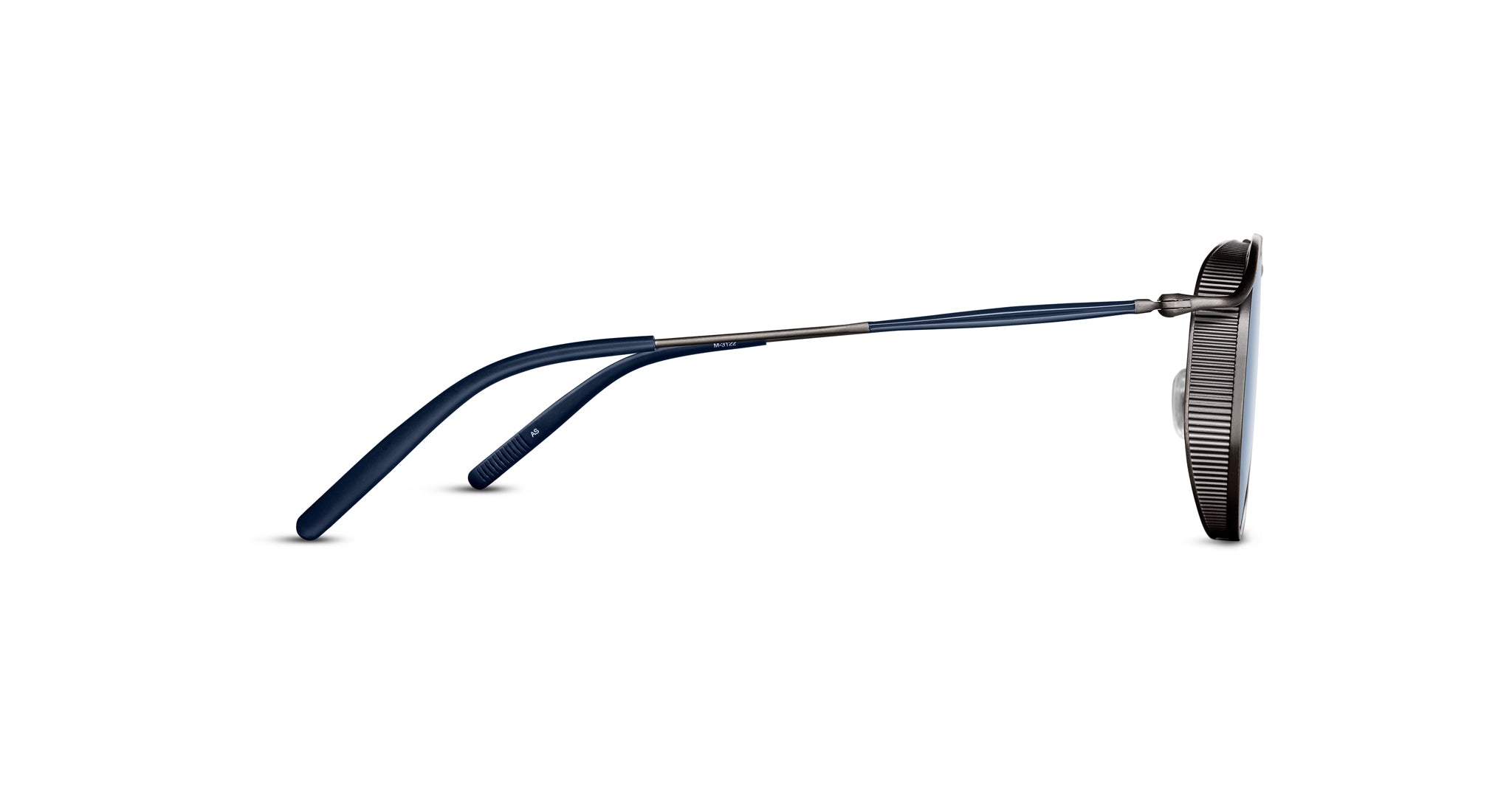Side view of Matsuda M3122 blue-rimmed eyeglasses with thin metal frame and textured round lenses, highlighting the arms and hinge detail against a white background.