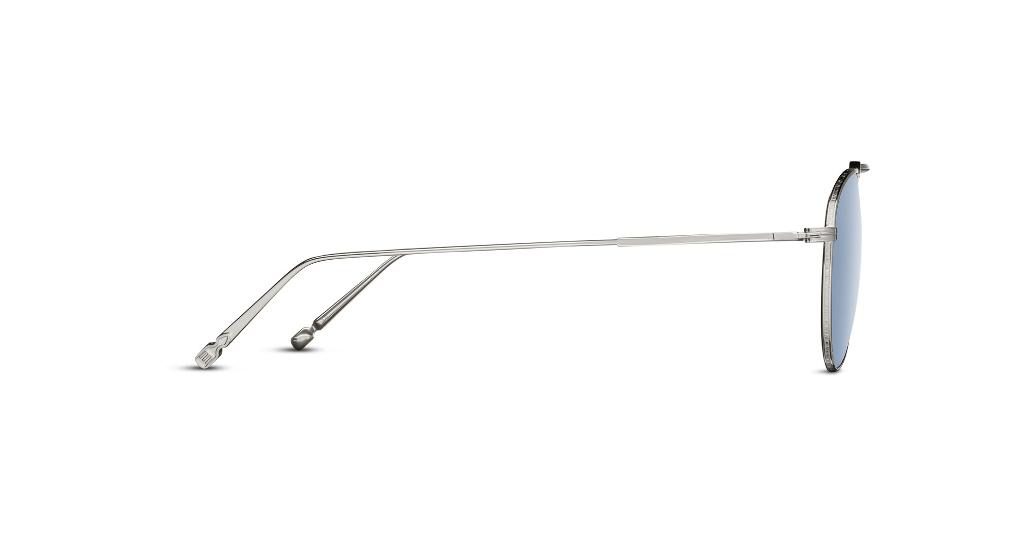 Side view of Matsuda M3130 thin metal sunglasses with light blue lenses and clear nose pads, displayed against a white background.