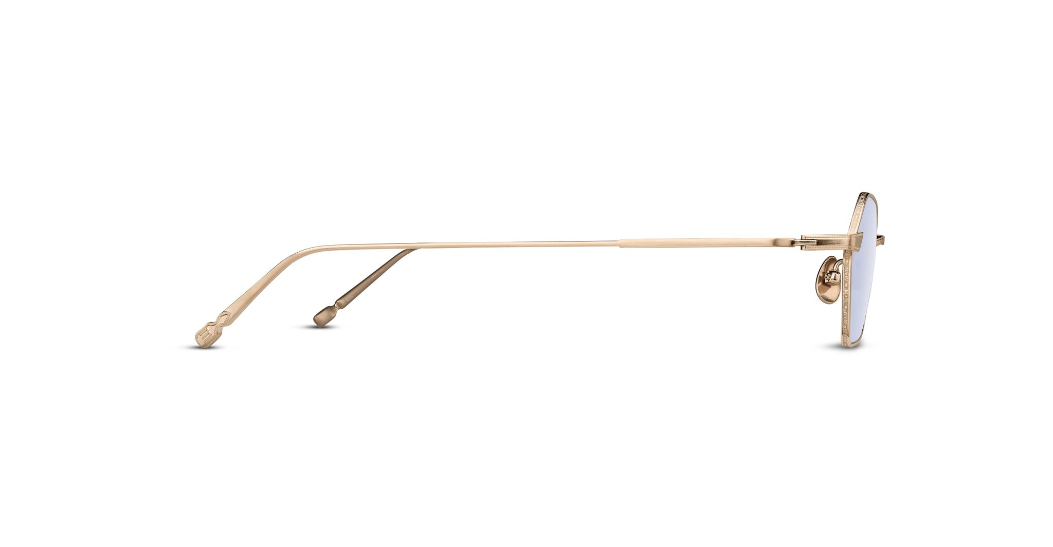 Side view of Matsuda M3138 gold metal round eyeglasses with clear nose pads, Matsuda branding visible.