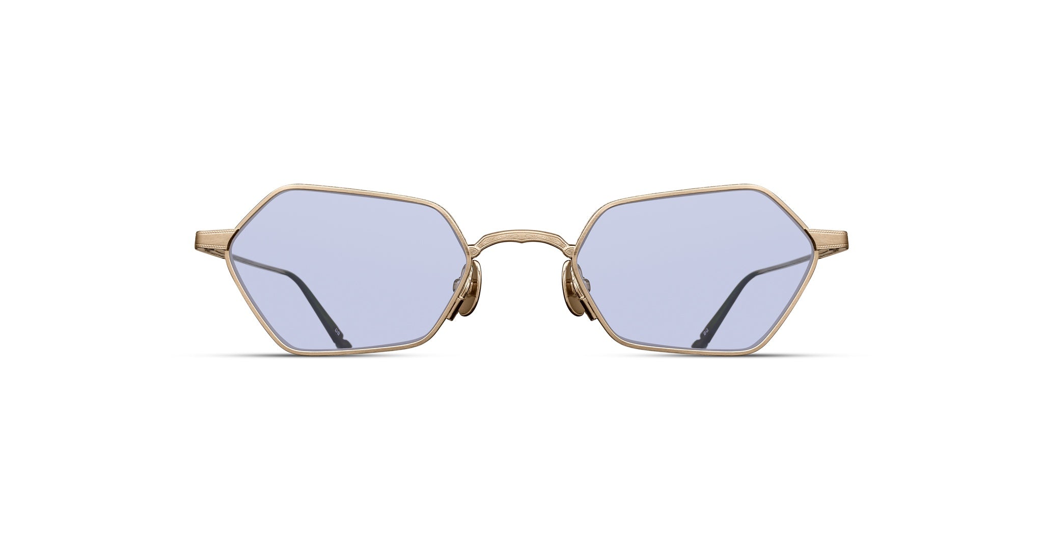 Matsuda M3138 sunglasses, gold hexagonal frame with light blue reflective lenses, shown from the front.