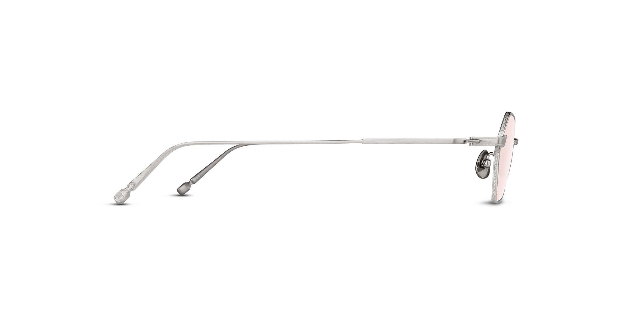 Side view of Matsuda M3138 eyeglasses in silver with pink-tinted UV lenses and adjustable nose pads.