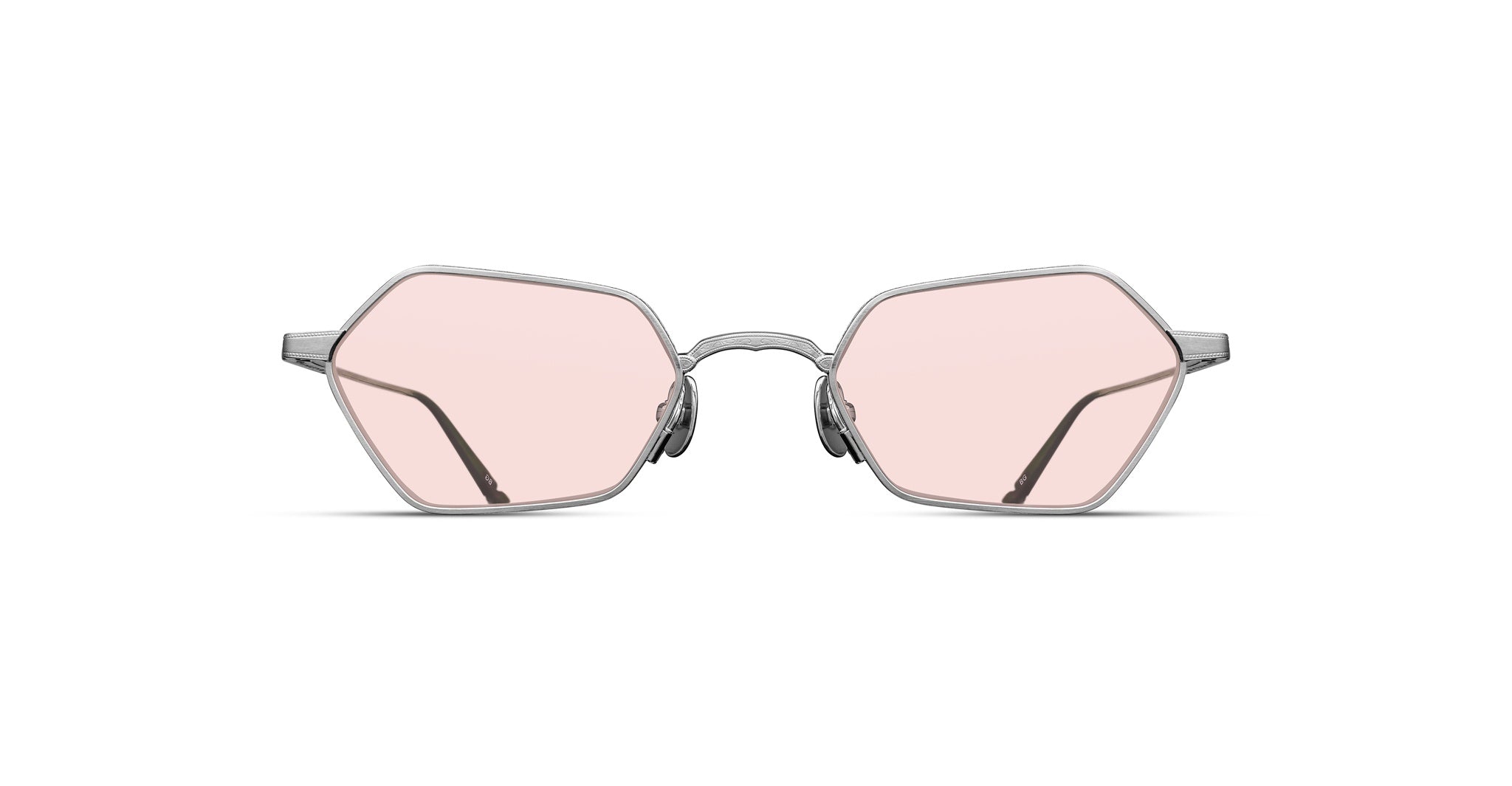 Matsuda M3138 hexagonal sunglasses with thin silver frames and light pink lenses, front view.