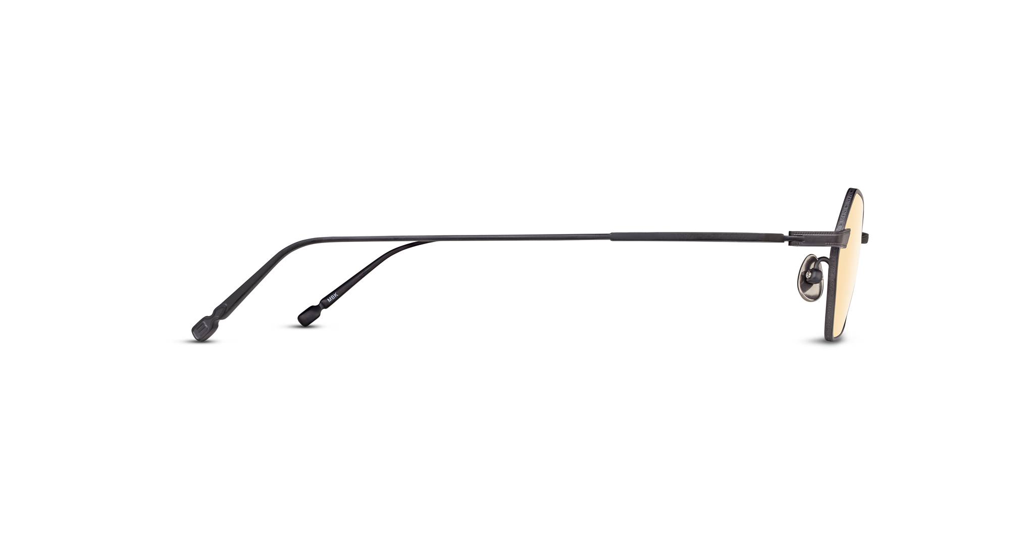 Side view of Matsuda M3138 black metal eyeglasses with round yellow lenses and adjustable nose pads.