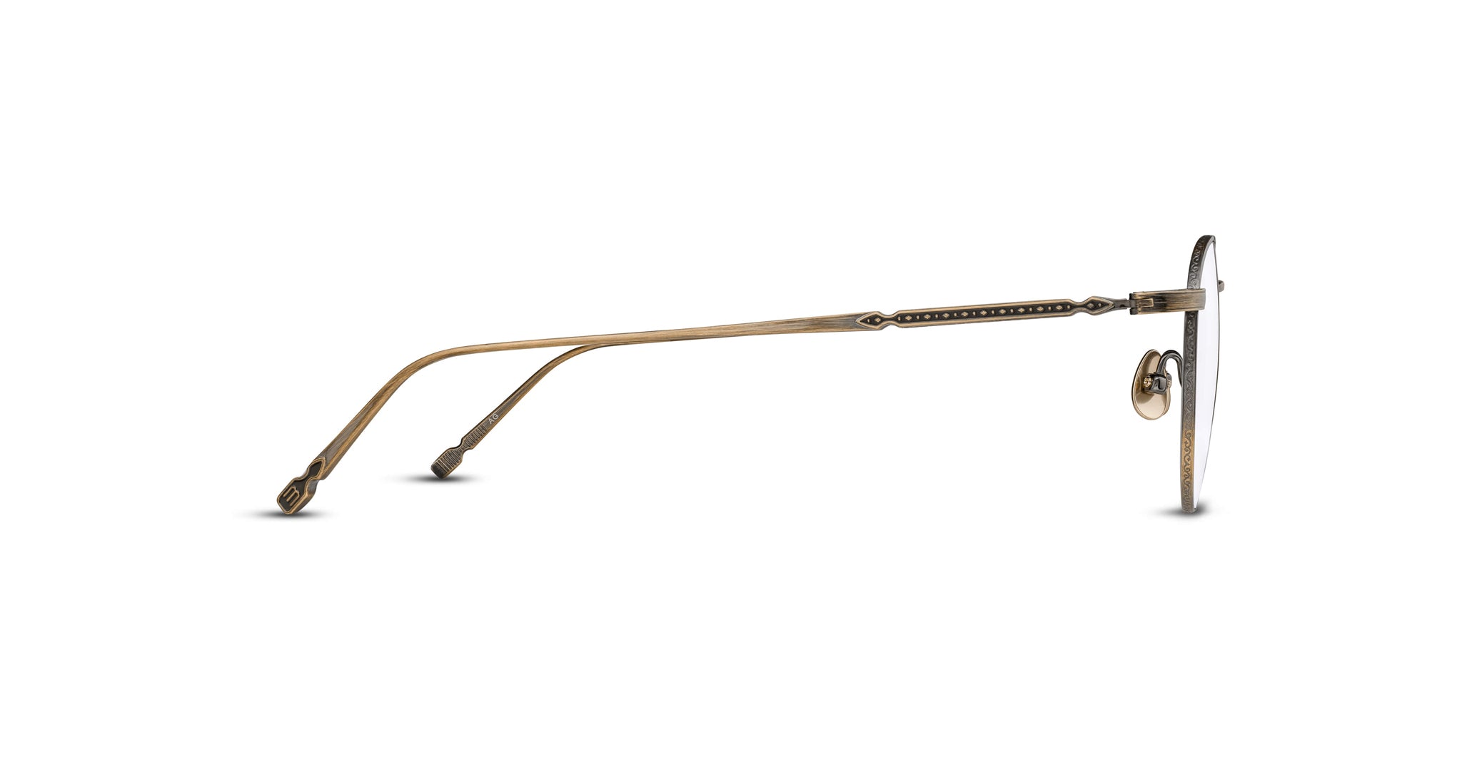 Side view of Matsuda M3140 vintage-style eyeglasses featuring thin gold-toned metal frames, intricate temple detailing, and adjustable nose pads.