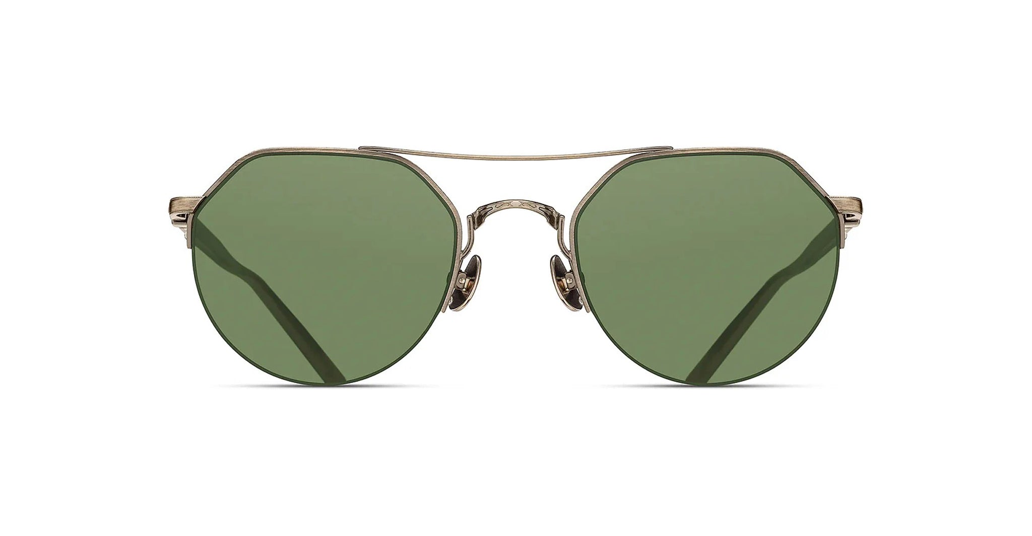 The Matsuda M3141 sunglasses feature aviator-style green tinted lenses and a slim metallic gold frame, displayed from the front against a white background.