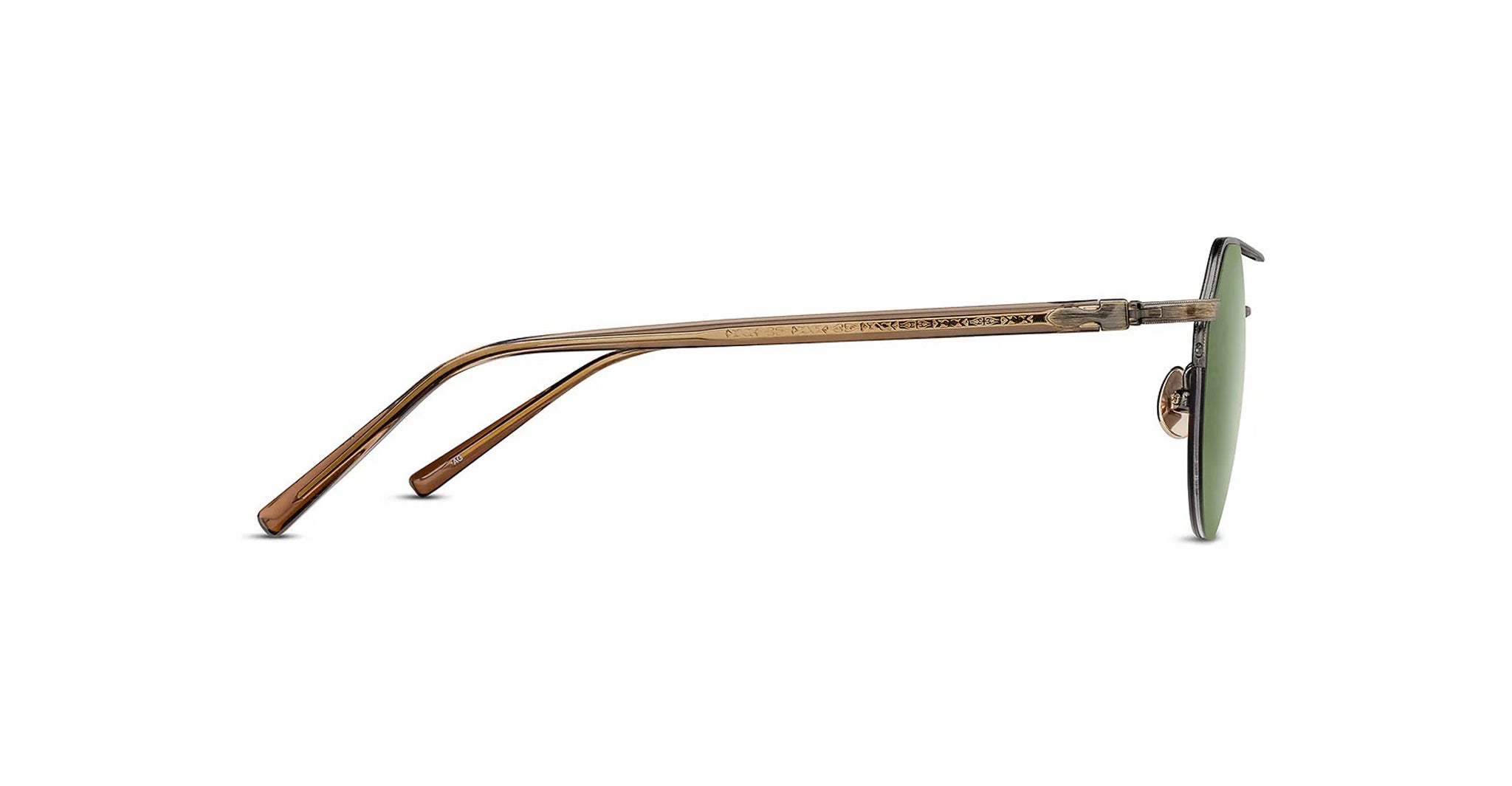Side view of Matsuda M3141 sunglasses featuring green lenses and transparent brown arms, displayed against a white background.