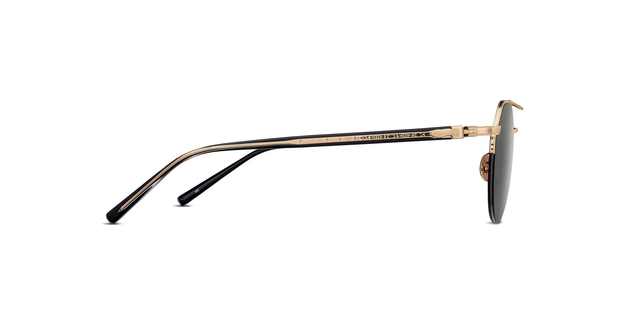 Side view of Matsuda M3141 sunglasses with thin gold metal frames, black earpieces, and dark lenses, displayed on a white background.