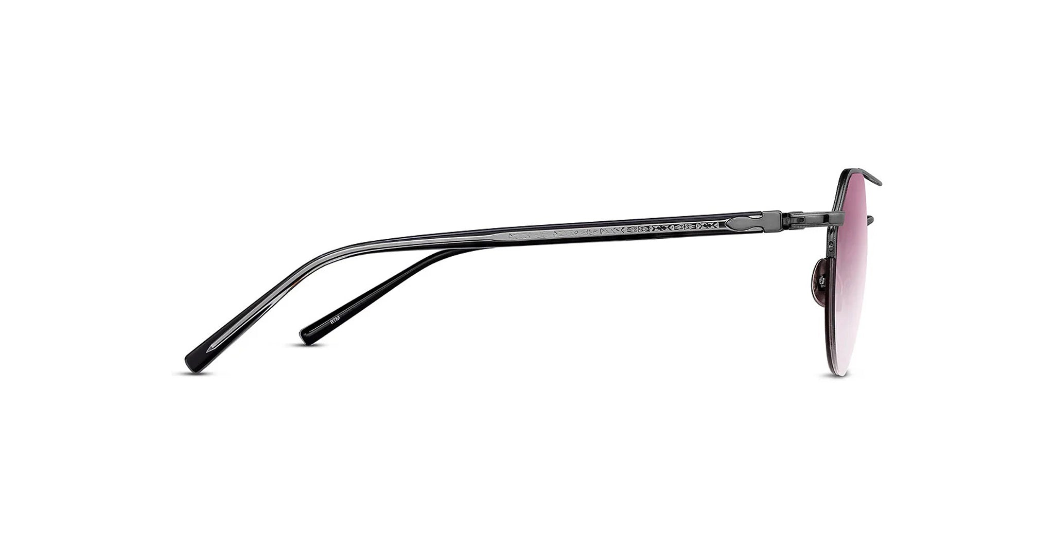 Side view of Matsuda M3140 (Copy) sunglasses with thin black metal frames and pink-tinted lenses; left arm extended outward on a white background.