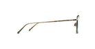Side view of Matsuda M3149 eyeglasses featuring an ornate gold-toned metal frame, green-accented temple tips, decorative arm detailing, clear lenses, and nose pads.