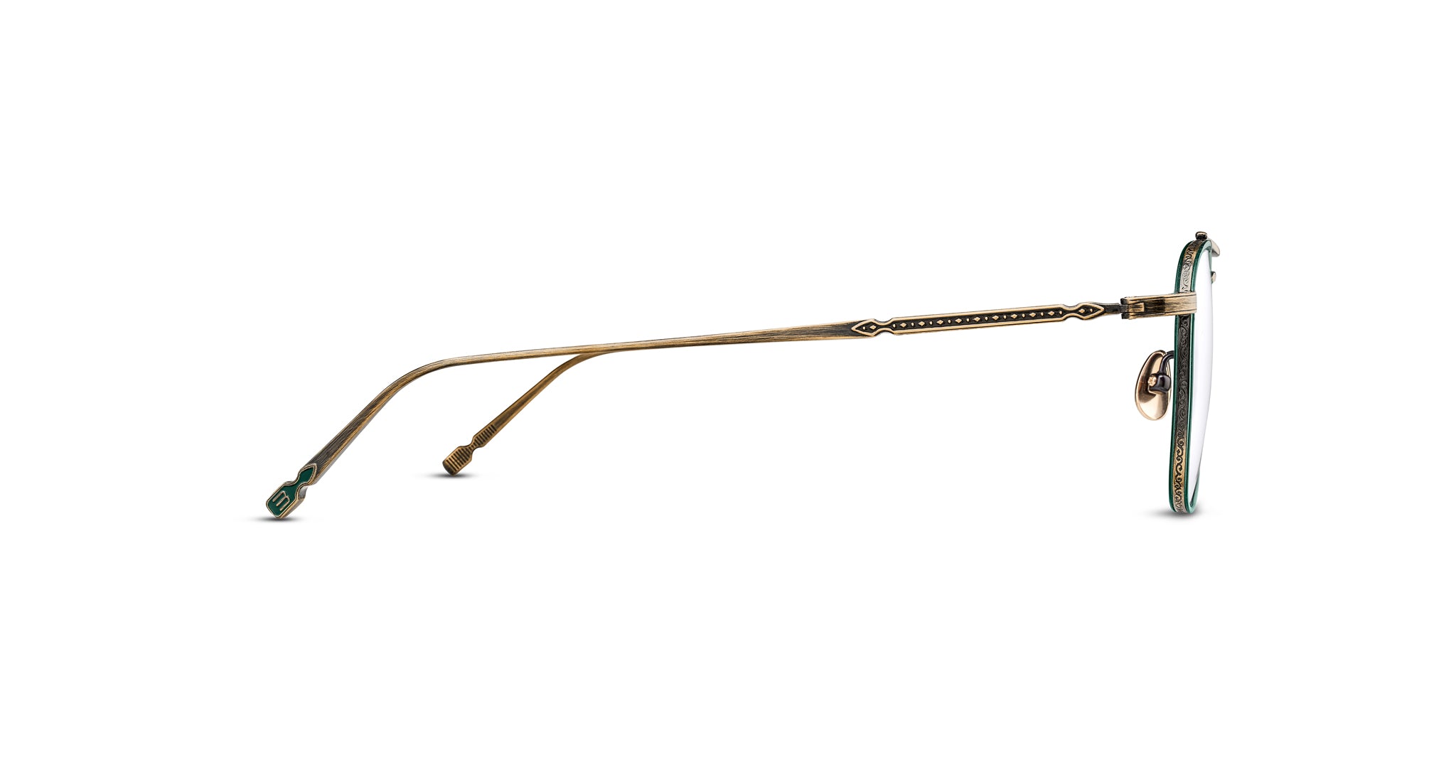 Side view of Matsuda M3149 eyeglasses featuring an ornate gold-toned metal frame, green-accented temple tips, decorative arm detailing, clear lenses, and nose pads.