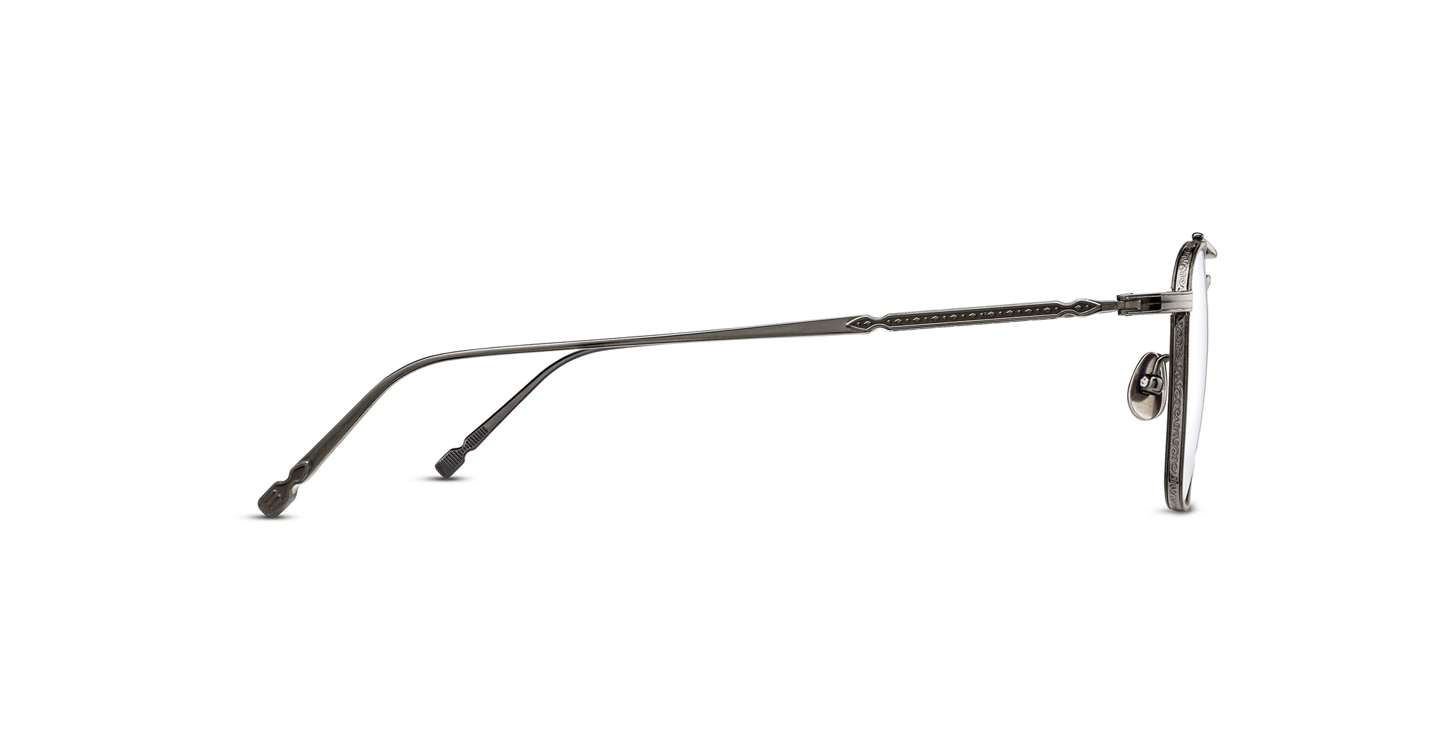 Side view of Matsuda M3149: thin, metallic eyeglass frames with nose pads and straight temples curved at the ends. Features a minimalist design and subtle sheen.