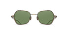 The Matsuda M3153 sunglasses feature large, geometric green-tinted lenses and a thin antique brass metal frame, shown from the front against a white background.