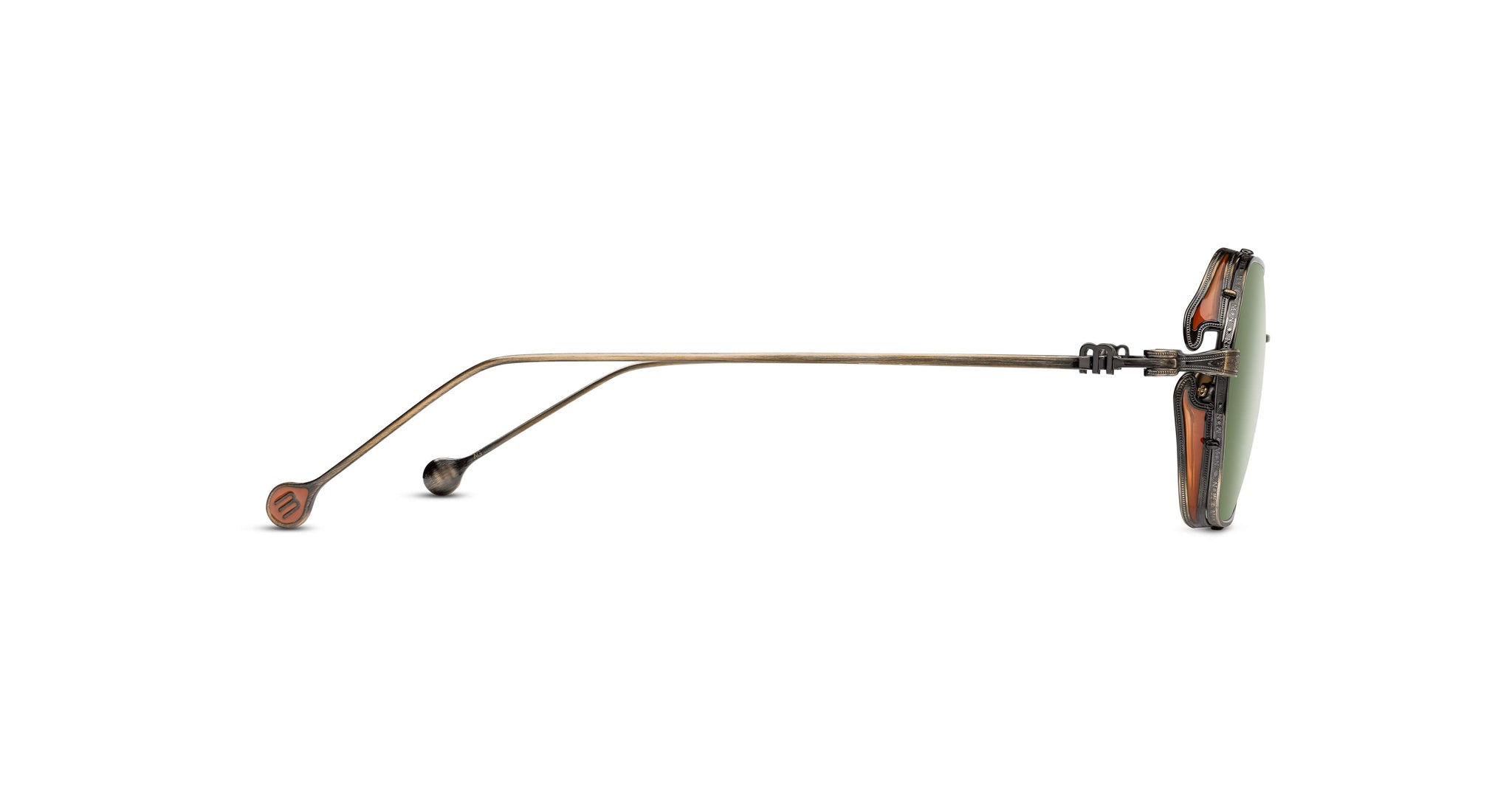 Side view of Matsuda M3153 sunglasses with thin metallic gold arms, rounded earpiece tips, green-tinted lenses in a brownish frame, and visible nose pads and frame details.