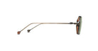 Side view of Matsuda M3153 sunglasses with thin metallic gold arms, rounded earpiece tips, green-tinted lenses in a brownish frame, and visible nose pads and frame details.