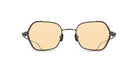 Front view of the Matsuda model M3153 sunglass in color Matte Black with orange lenses sitting on a pedestal