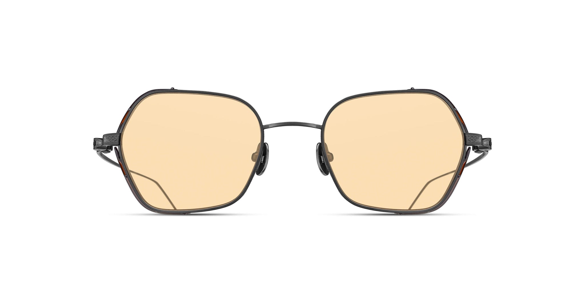 Front view of the Matsuda model M3153 sunglass in color Matte Black with orange lenses sitting on a pedestal