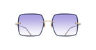 The Matsuda M5005 sunglasses feature a square shape with a dark minimalistic frame, thin gold arms and bridge, and large purple gradient lenses that fade from dark at the top to light at the bottom.