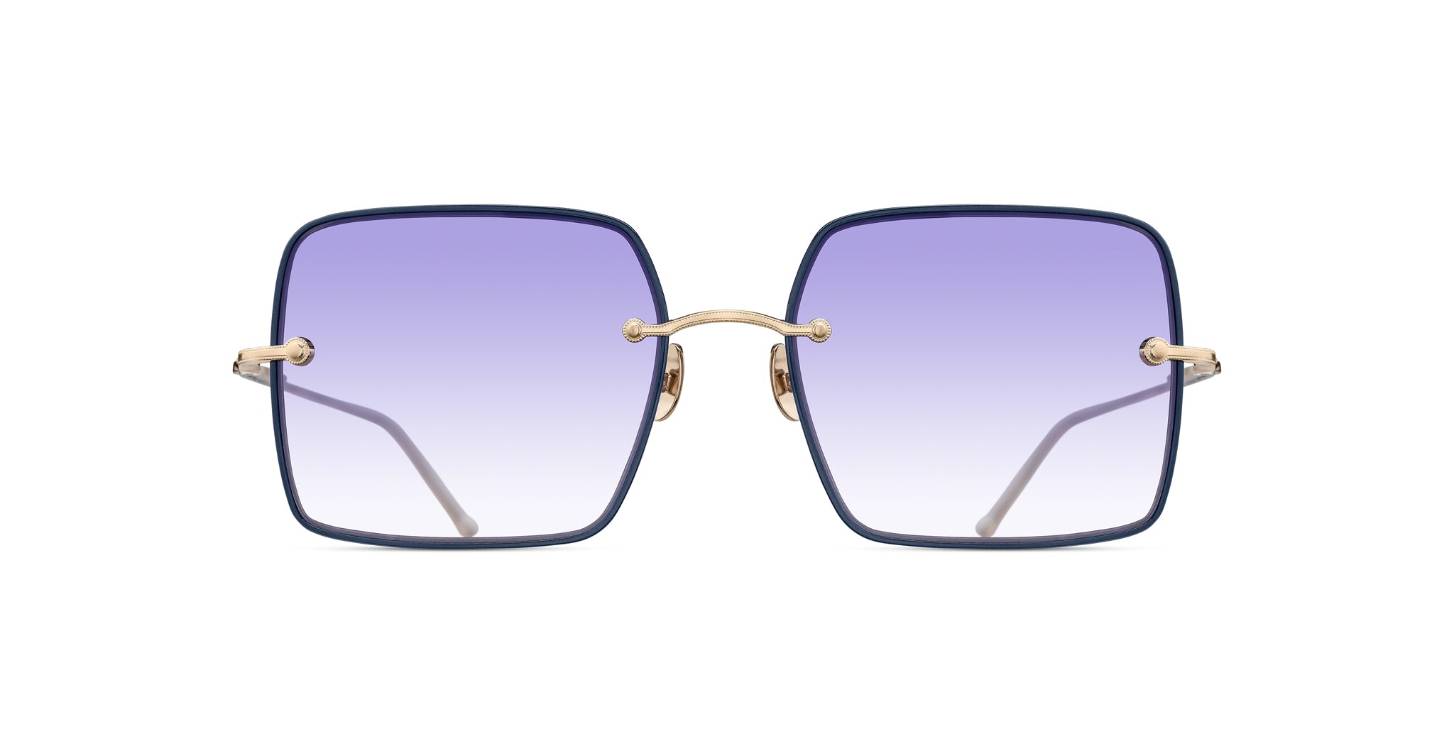 The Matsuda M5005 sunglasses feature a square shape with a dark minimalistic frame, thin gold arms and bridge, and large purple gradient lenses that fade from dark at the top to light at the bottom.