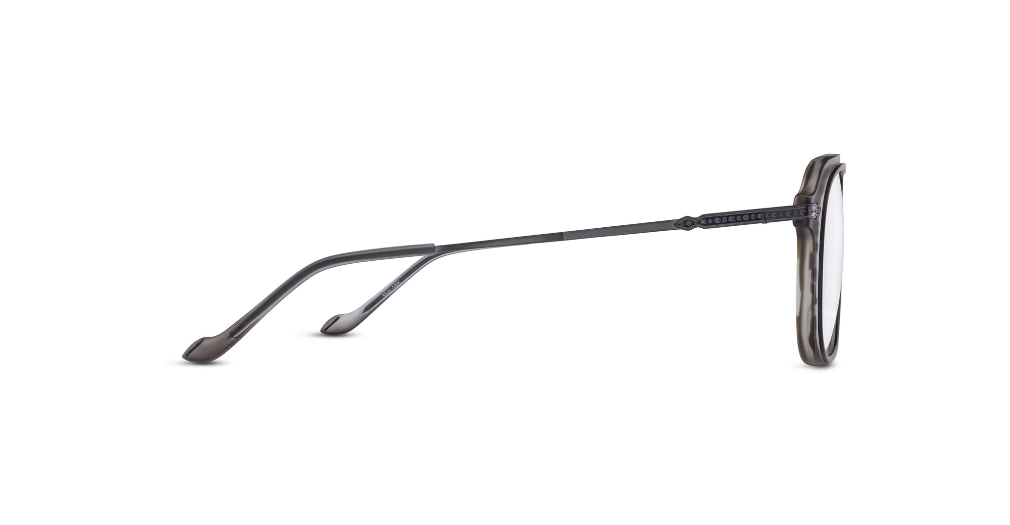 Side view of Matsuda M2062 eyeglasses featuring thin, dark metal temples and round lenses. The lightweight frames have curved temple tips for a secure fit behind the ears.