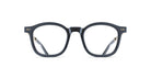 Front view of Matsuda M2068 black round eyeglasses with thick frames and clear lenses, featuring small decorative metal accents at the upper corners, set against a white background.