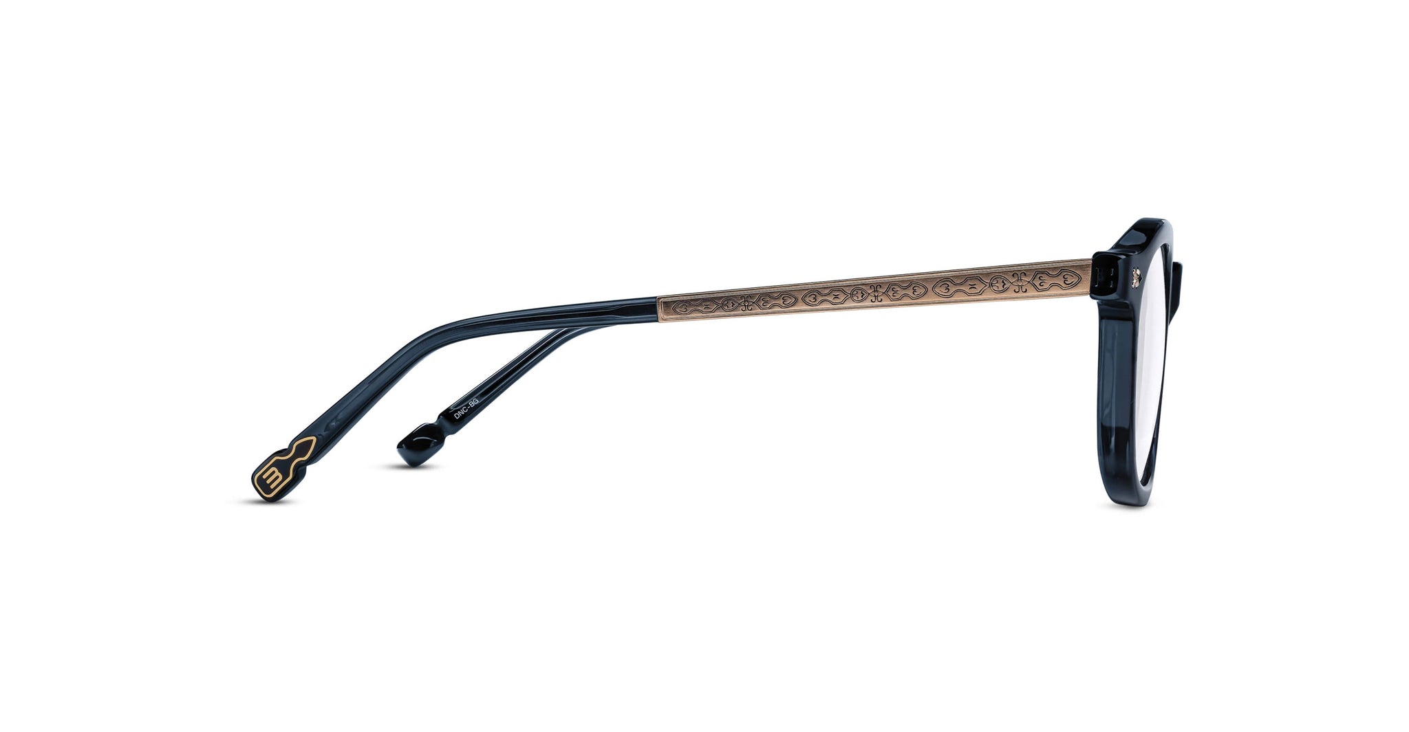 Side view of Matsuda M2068 eyeglasses featuring dark blue frames, gold-toned metal arms with intricate engraving, and a small gold temple tip detail.