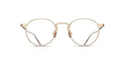 The Matsuda M3140 features round, gold metal eyeglasses with clear lenses and a thin frame, shown from the front on a white background. Visible details include nose pads and straight temples.