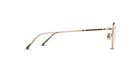 A side view of the Matsuda M3140 gold metal eyeglasses with thin temples, black decorative accents, nose pads, and black-tipped earpieces is displayed on a white background.