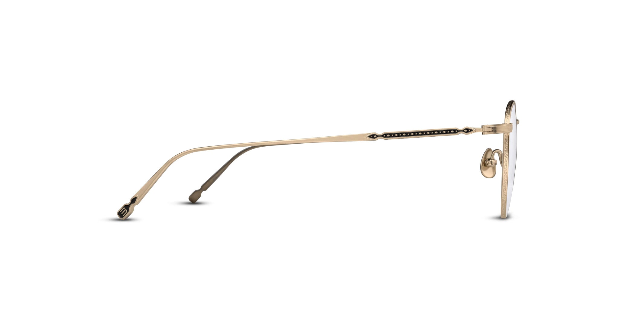 A side view of the Matsuda M3140 gold metal eyeglasses with thin temples, black decorative accents, nose pads, and black-tipped earpieces is displayed on a white background.