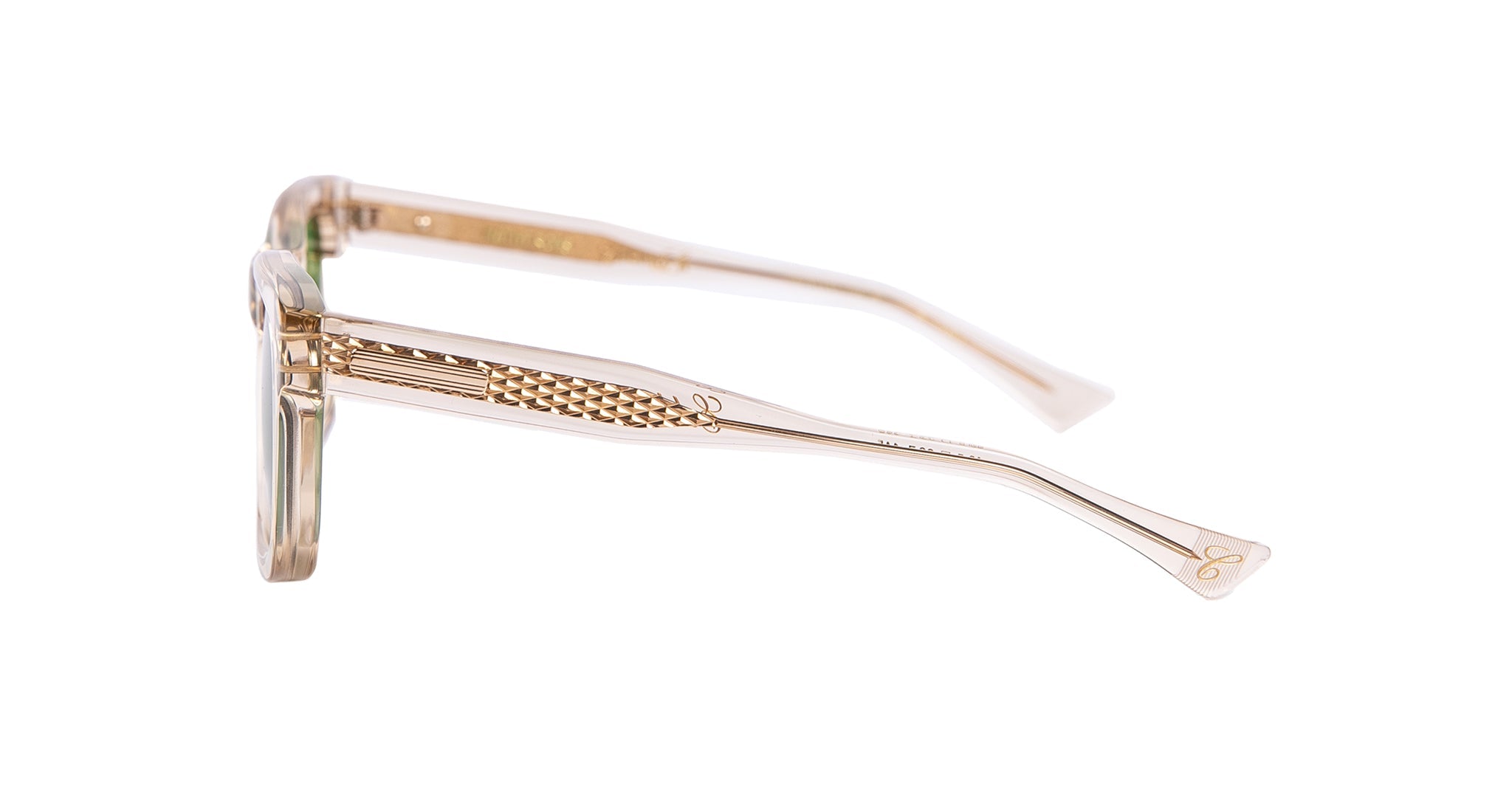 Side view of Native Sons Casinola x Native Sons “The E’s” (The Eddie) eyewear, crafted from translucent beige Takiron acetate with textured arm detailing, set against a white background.