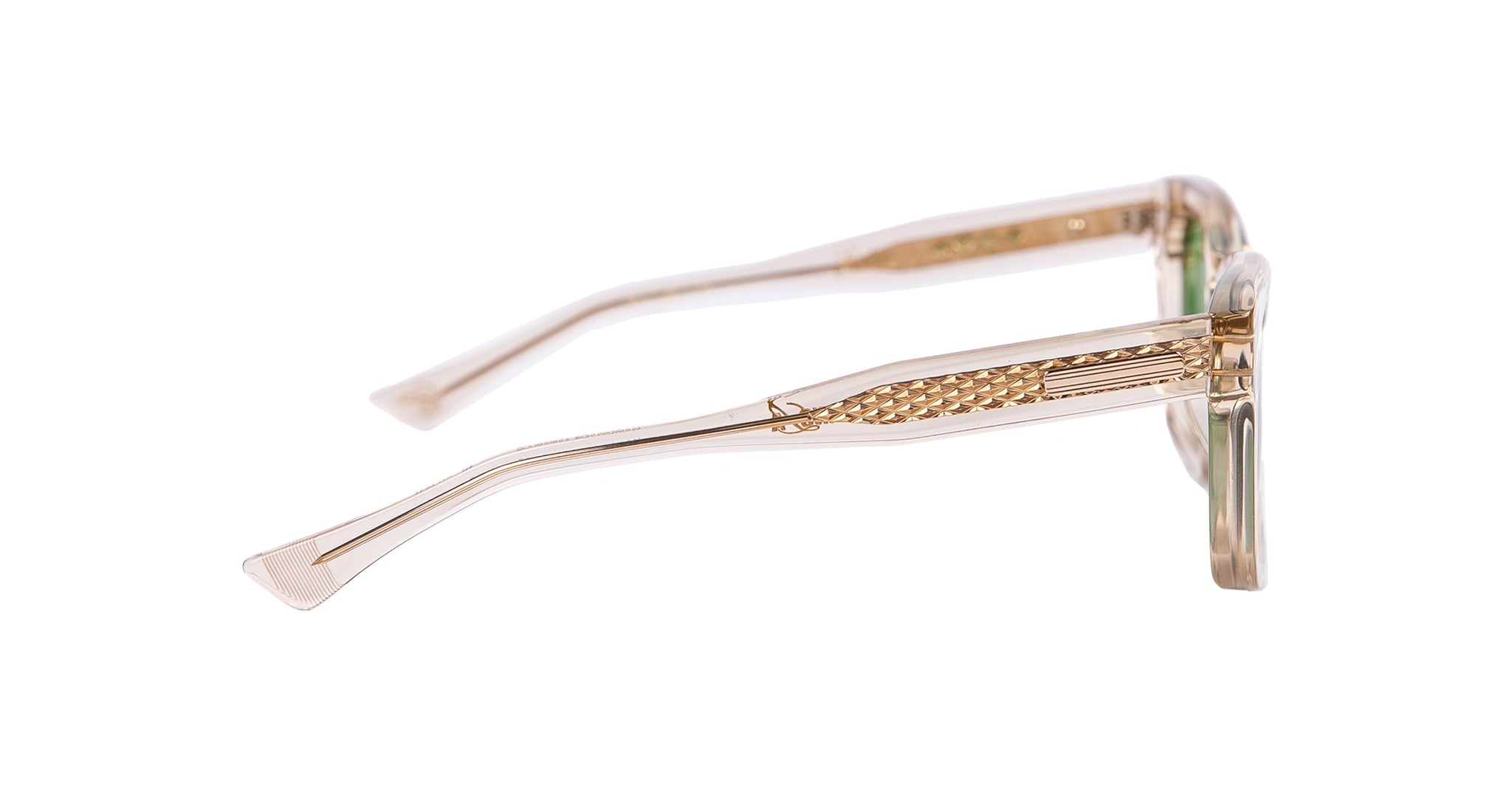 Side view of Casinola x Native Sons "The E's" (The Eddie) translucent beige Wellington frames, crafted from premium Takiron acetate with decorative temple detailing, shown against a white background.
