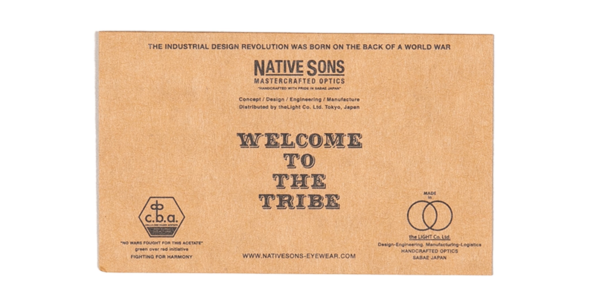 Brown cardboard packaging featuring "Native Sons Mastercrafted Optics" and "Welcome to the Tribe" with details on Casinola x Native Sons “The E’s” (The Eddie) handmade Japanese sunglasses crafted from premium Takiron acetate.