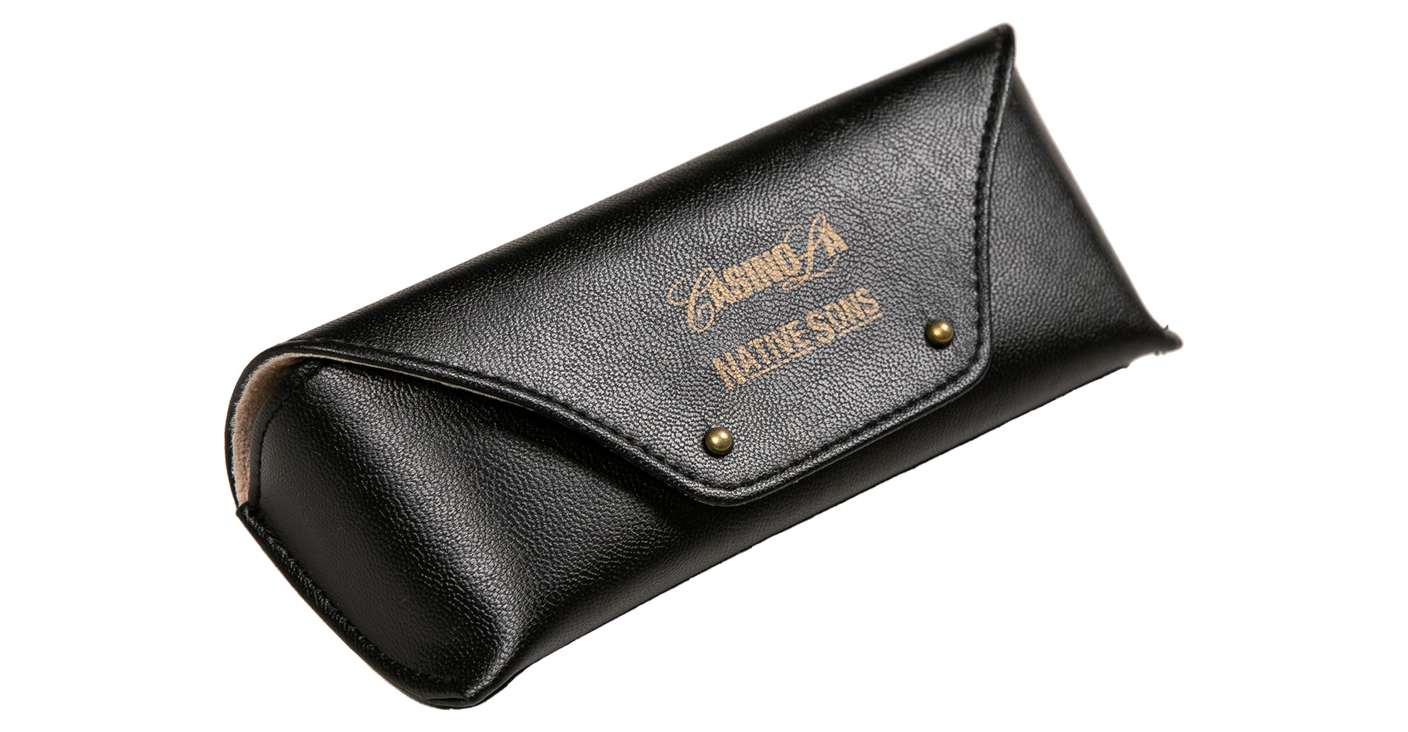 The Casinola x Native Sons “The E’s” (The Eddie) black leather eyeglass case with gold lettering and two metal rivets is ideal for protecting your Native Sons eyewear. Shown on a white background.
